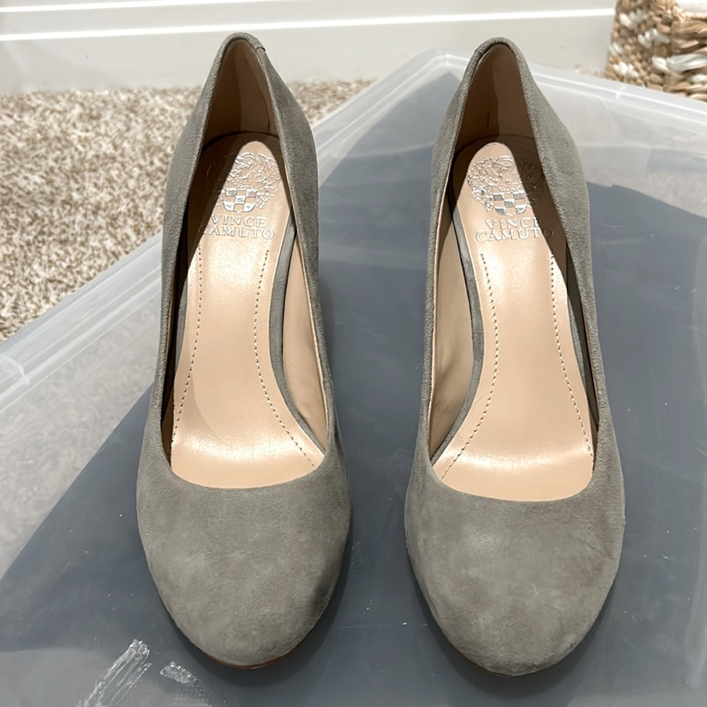 Vince Camuto grey suede heels with almond toe. Size 9M